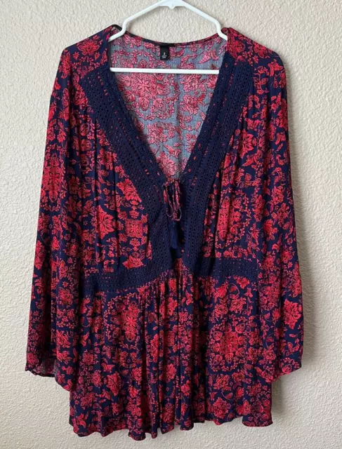 Torrid Red & Navy Lace Up Babydoll Top Crinkle Gauze Floral Women Blouse Size 3