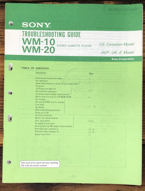 Sony WM-10 WM-20 Radio Cassette  Troubleshooting Guide Manual *Original*