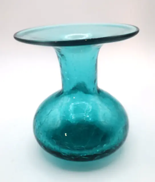 Vintage Turquoise Crackle Hand Blown Glass Vase w/ Wide Rim, 3.5 in