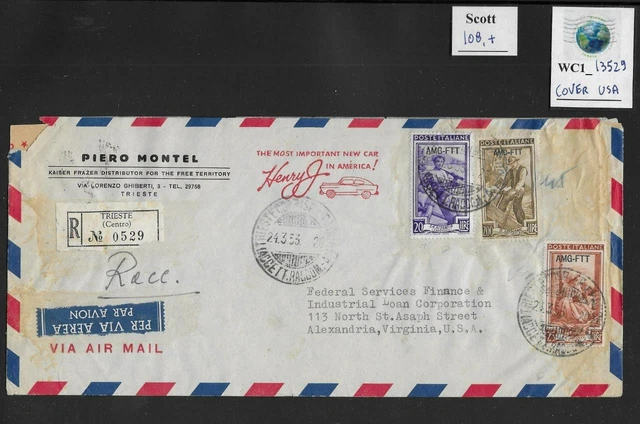 WC1_13529. ITALY: TRIESTE FTT. Cover w. nice trio of 1950 ITALY AT WORK stamps.