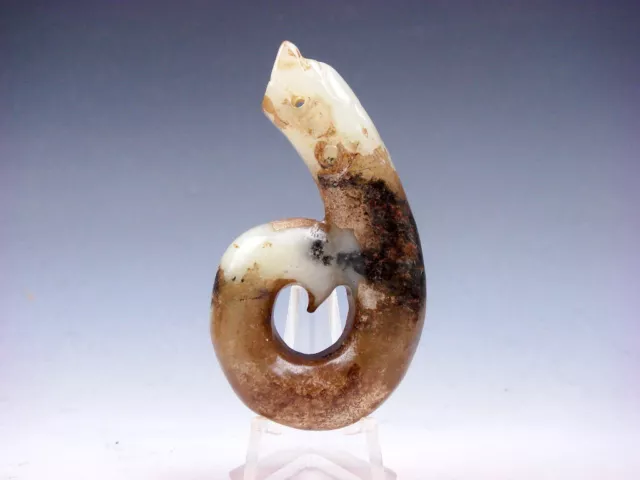 Old Nephrite Jade Stone Carved HongShan Culture Curly Dragon Looks Up #12162005