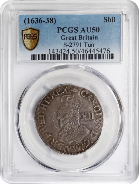 England  King Charles I   1636-1638  1 Shilling Silver Coin, Pcgs Certified Au50