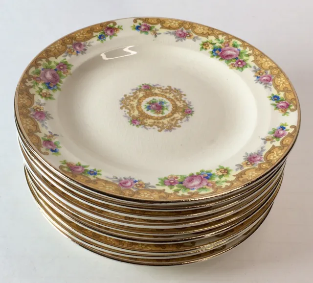 Beautiful Crown Ivory China Set Of 8 Porcelain Dessert Plates Gold &Floral 6"W