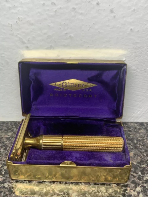 Antique Gillette Aristocrat gold razor and blade travel case
