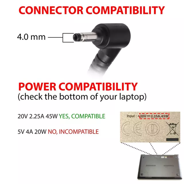 45W 20V 2.25A AC Adapter Netzladegerät für Lenovo IdeaPad 100S 110S 120S 310 320 2