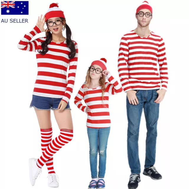 Women Men Kids T-shirt Glasses Hat Socks Wheres Wally Costume Cosplay Christmas