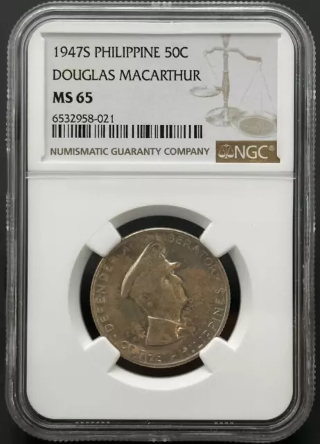 1947 S PHILIPPINES WWII General DOUGLAS MACARTHUR Silver 50 Cent Coin NGC MS 65