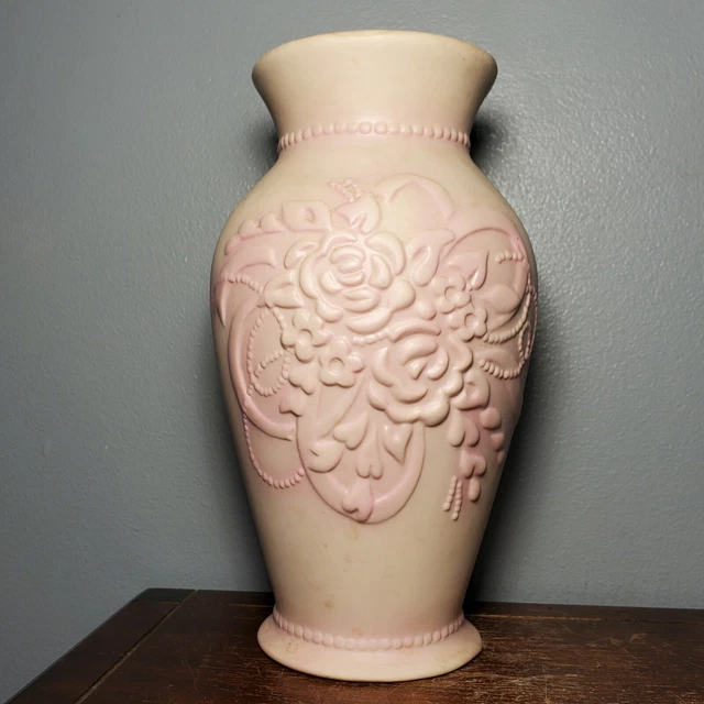 Antique / Vintage White & Pink Moulded Repousse Floral Porcelain Vase