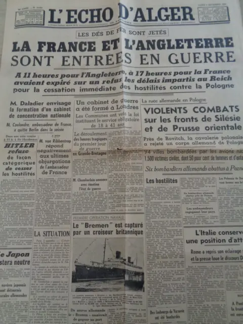 💥 Rare Journal de septembre 1939 La France rentre en guerre WW2 L'écho d'Alger