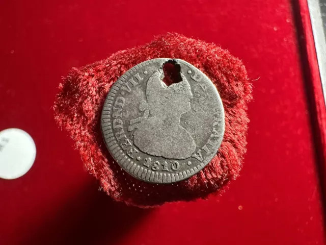 Ferdinand VII 1810 1 Real, Bogota mint, NR-JF Colombia, holed, READ DESCRIPTION!