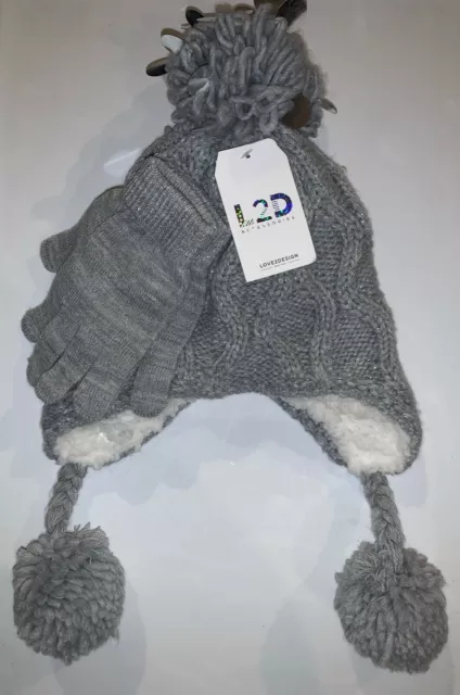 Cable Knit Pom Pom Winter Beanie Hat Mittens Set Gray Little Girls