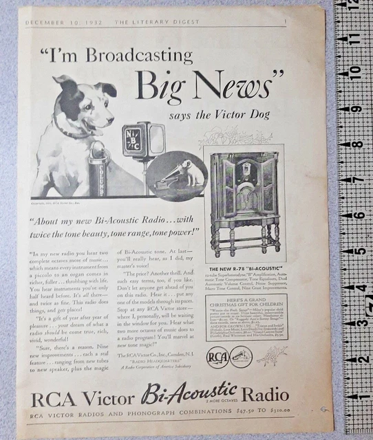 1932 RCA Victor Vintage Print Ad Radio Phonograph Broadcasting Terrier Dog B&W