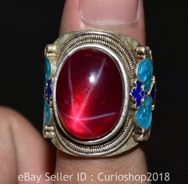 1.2" Rare Old Chinese Cloisonne Silver Inlay Red Gem Flower Jewelry Figure Ring