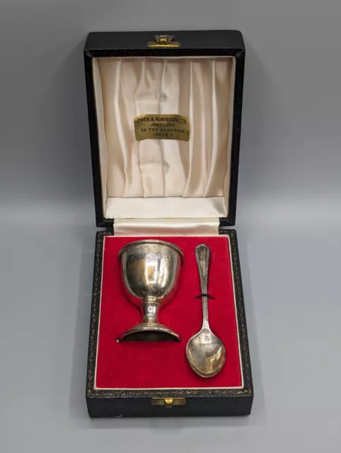 Sterling Silver Egg Cup & Spoon Christening Gift - A.T Cannon, Birmingham, Mark