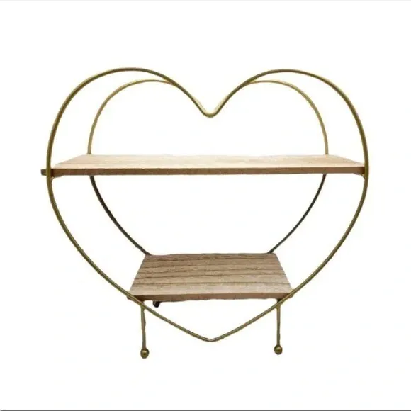 2-Tier Heart Shaped Wood Shelf Gold Metal Framed Free Standing Shelving Decor