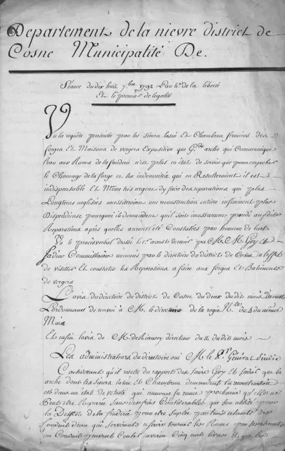 District De Cosne (58) Epoque Revolution Francaise " Document Manuscrit " 1792