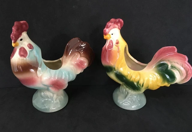 Vintage Ceramic Rooster Planter Vase Figurine / Farm Decor ~ Lot of 2