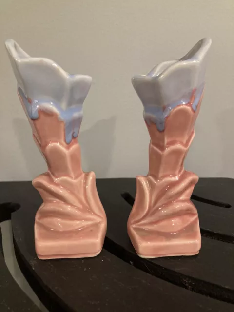 Shawnee Pottery ● Pair of 5" Pink & Blue Pastel Bud Vases ● 1940's Art Pottery