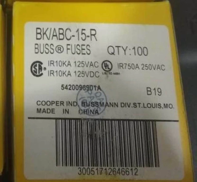 100PCS Lotti Di BK/Abc-15-r Bussmann Eaton Cartuccia Fusibili 15A Nuovo