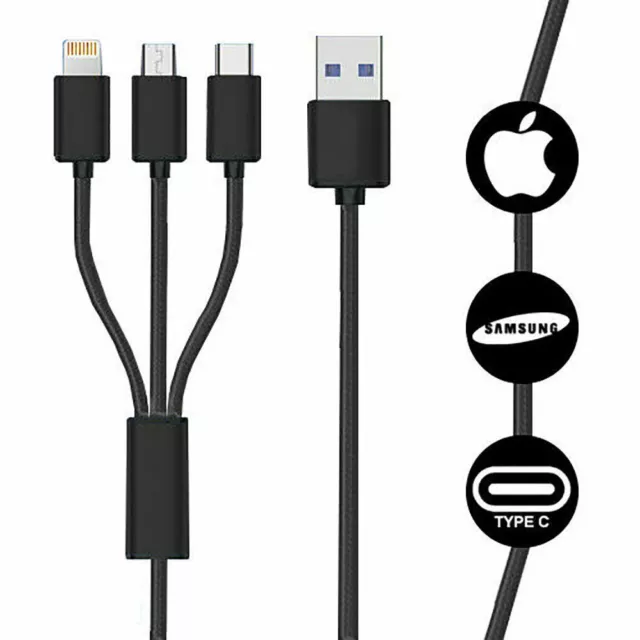 3 in 1 Fast Multi USB Phone Charger Charging Cable Sync Braided iPhone Android 3