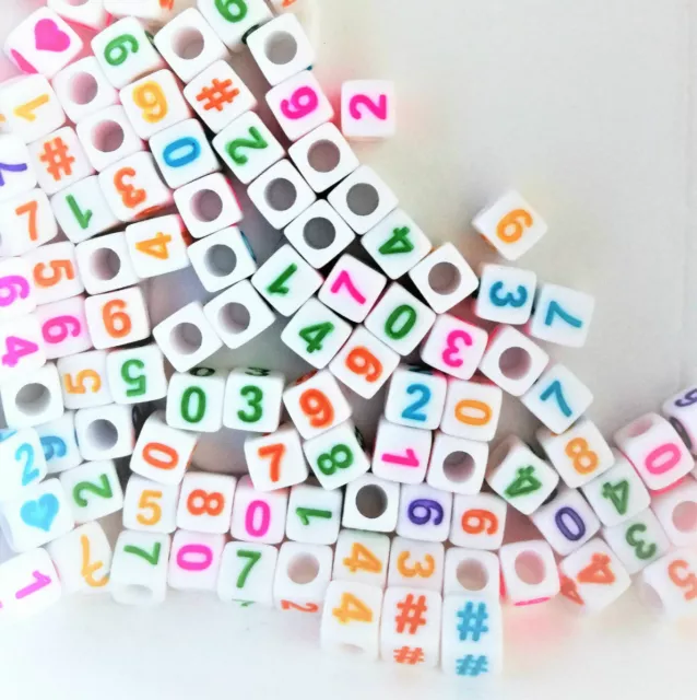 6mm cube white colourful acrylic beads 50/single, hearts, #; 100/mixed numbers