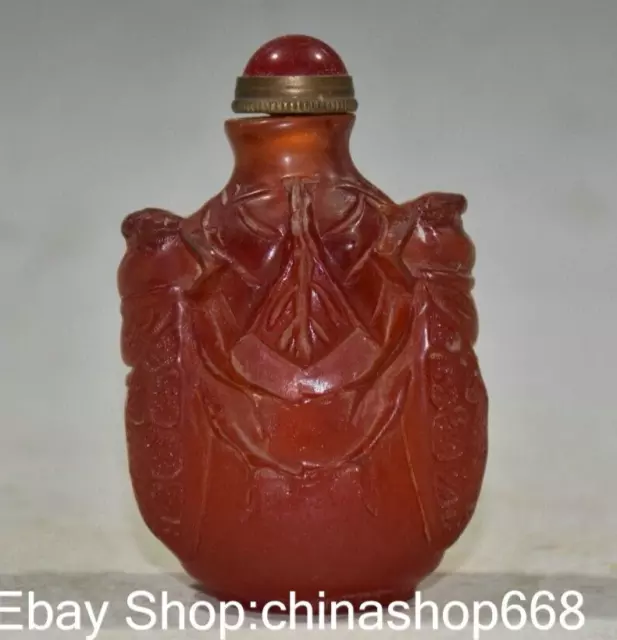 2.8 "Old China Amber Carve Feng Shui Two Cicadas Good Luck Snuff Bottle