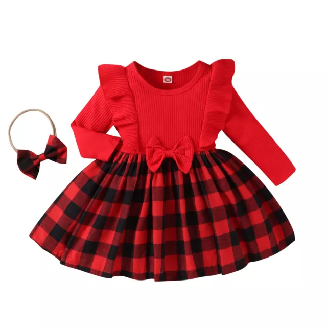Newborn Baby Girl Christmas Clothes Infant Red Plaid Dress Ruffle Long Sleeve