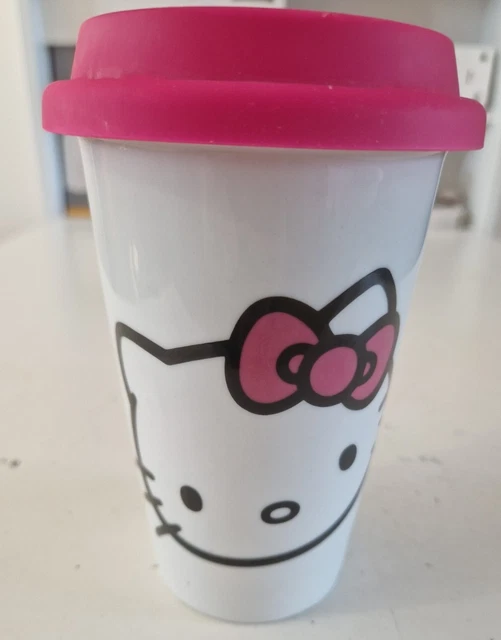 HELLO KITTY PINK Ceramic Travel Coffee Tea Cup Tumbler w/ Lid Sanrio £