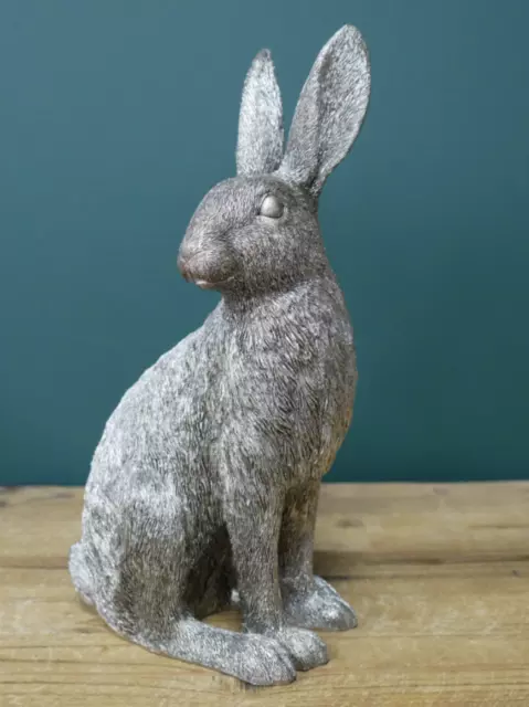 Hare Statue, Grey Resin Silver Rabbit Ornament, Easter Bunny Decor Woodland