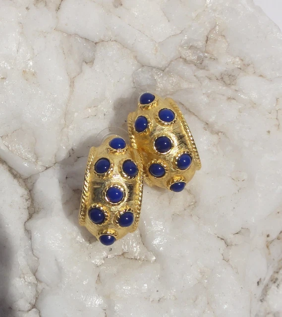 BEN-AMUN LAPIS Cabochons GOLD PLATED HOOP EARRINGS NEW