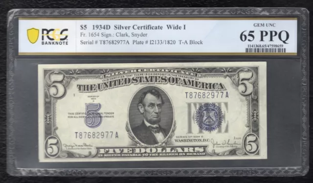 Fr. 1654 1934-D $5 Wide I Silver Certificate Pcgs Banknote Gem Unc-65Ppq (F)