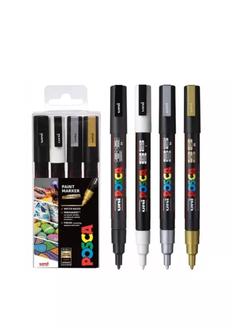 Uni Posca PC-3M Paint Marker Art Pens Fine Tip Wallet of 4 Mono Colours