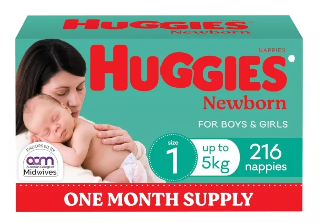 Huggies Newborn Nappies Size 1 (up to 5kg) 216 Count - One Month Supply (Packagi