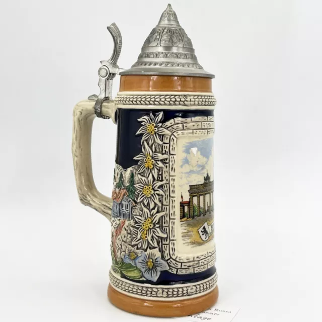 Boccale da birra in ceramica tedesco vintage con coperchio in peltro Berlino