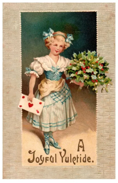 Beautiful Girl German Joyful Yuletide Embossed Christmas Antique Postcard c.1910
