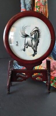 Old Chinese Embroidery Horse on a Rosewood Stand …beautiful display / collection