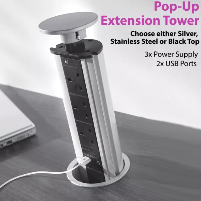 3 Way/Gang Pop Up Extension Tower 2x USB Ports Modern Hidden Mains Power Socket