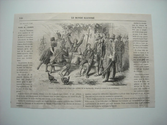 Gravure 1866. Tyrol. Le Retour Au Village Des Soldats De La Landsturm.