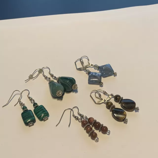 Lot Of 5 Stone Dangle Costume Earrings Pierced Goldstone, Tiger’s Eye, Etc