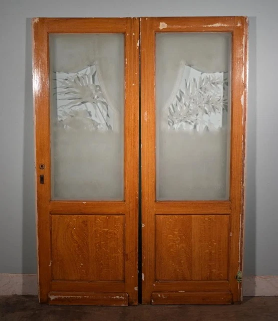 *Pair of Antique French Etched Glass Doors With Peacock Frosted Glass Salvage 11