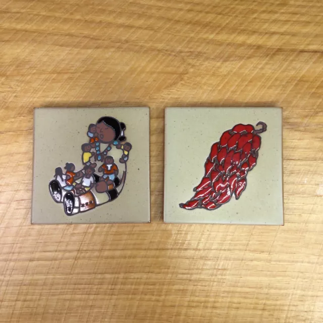 2 Vtg Cleo Teissedre Tiles Trivet Southwestern Chili Pepper & Native American 4” 2 Vtg Cleo Teissedre Tiles Trivet Southwestern Chili Pepper & Native American 4”