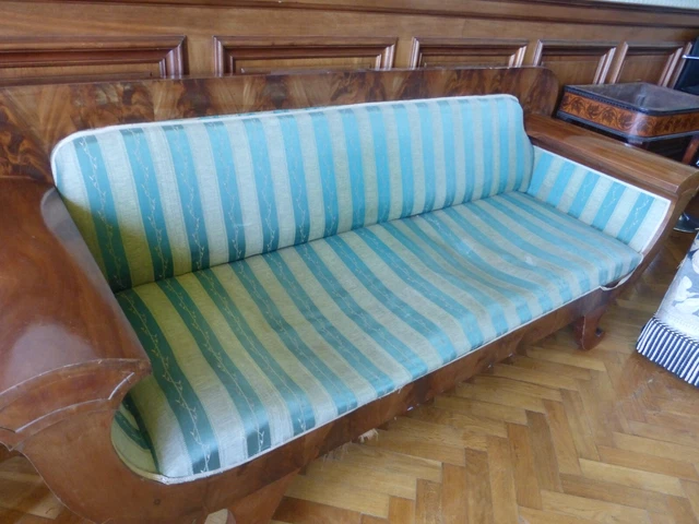 SOFA Antique Swedish 19th C Biedermeier flame mahogany sofa settee green striped