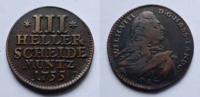 3 Heller 1755 Wilhelm VIII. 1751-1760 Landgraf Hessen – Kassel Scheide Münze