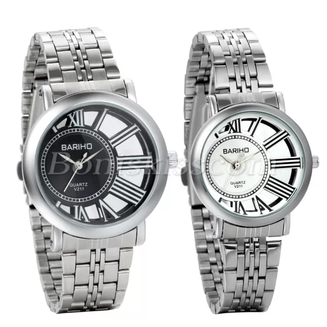 Couples Unique Design Hollow Roman Numberals Dial Steel Band Quartz Wrist Watch