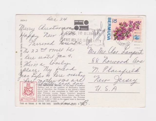 Vintage Pembroke Parish, Bermuda Princess Hotel Post Card World Stamps Canceled
