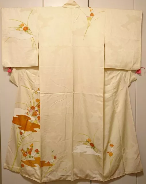Woman Japanese Kimono HOUMONGI Butterfly Plum Blossom Chrysanthemum Cream