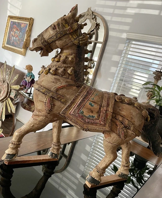Antique 20Th Century Hand Carved Wood Indian Horse  Figure 