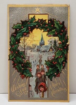 Merry Christmas Embossed Juvenile Series Snow Wreath Silvered 1909 Postcard B20