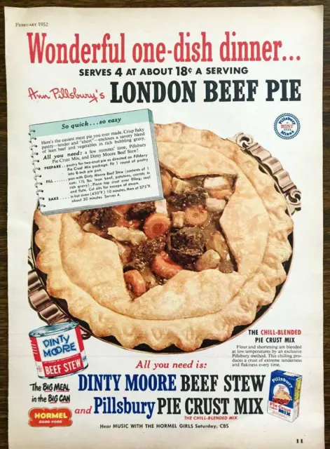 1952 PRINT AD Pillsbury Pie Crust Mix Dinty Moore Beer Stew London Beef Pie