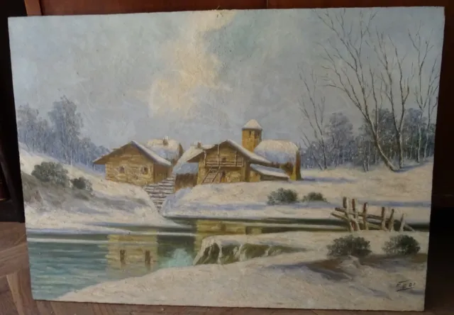Quadro dipinto con paesaggio invernale con firma artista Fedi XX secolo 1900
